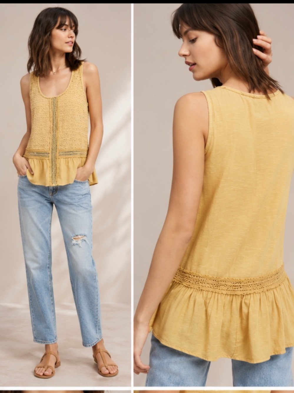 Anthropologie Eri + Ali Yellow Lace Savoia Flounced Peplum Tank Top